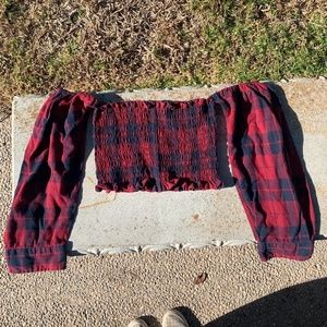 LF Smocked Plaid Flannel Off the Shoulder Crop Top
